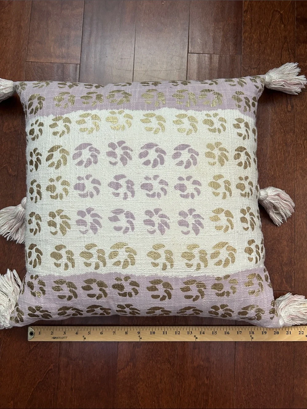 Anthropologie Large Boho Metallic Gold and Lavender Tasseled Pillow, 20”x20”